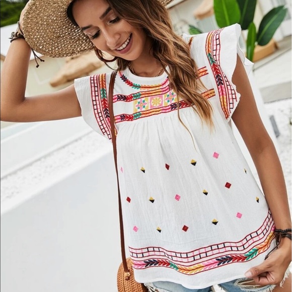 GEO EMBROIDERY BUTTERFLY SLEEVE BLOUSE - Picture 5 of 9